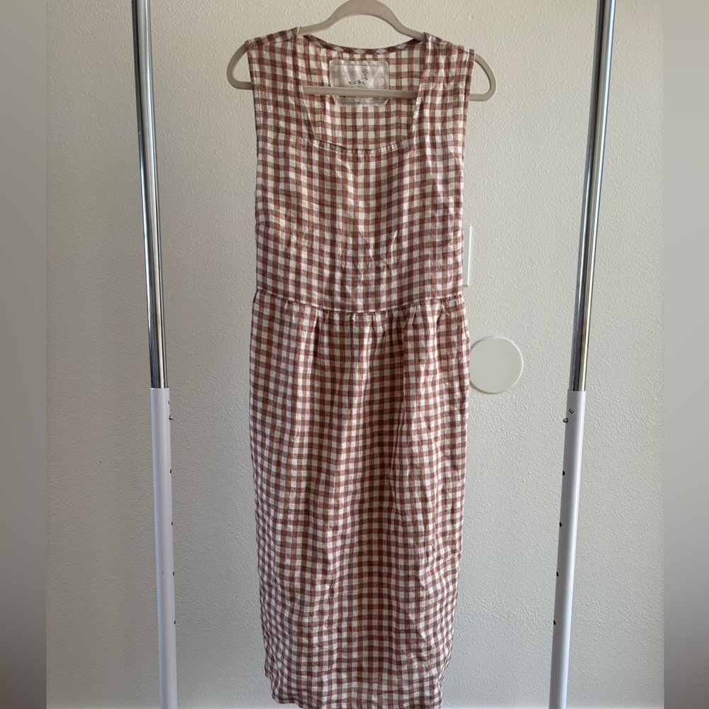 notperfectlinen lightweight creamy brown gingham pinafore cottage style dress